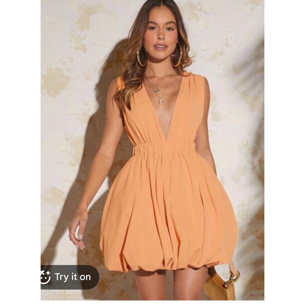 Plunge V-Neck Bubble Hem Mini Dress Apricot Orange Ruched Lantern Skirt Party L